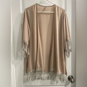 Elegant Beige Overlay with Lace and Fringe Trim